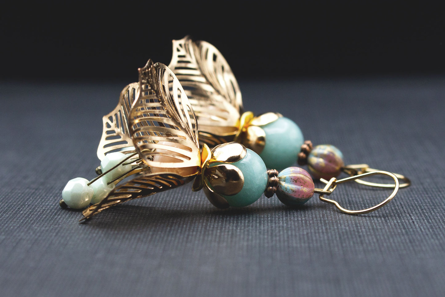 Elegante Blütenohrringe Gold Mint Rosa – festlicher Schmuck für Hochzeit
