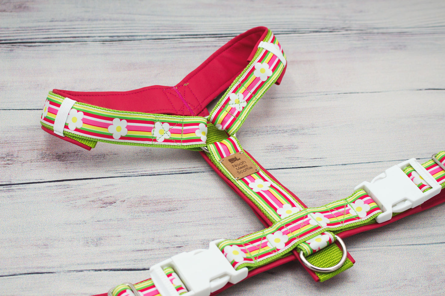 Hundegeschirr BELLA mit Margeriten Muster pink grün weiß, gepolstert und verstellbar