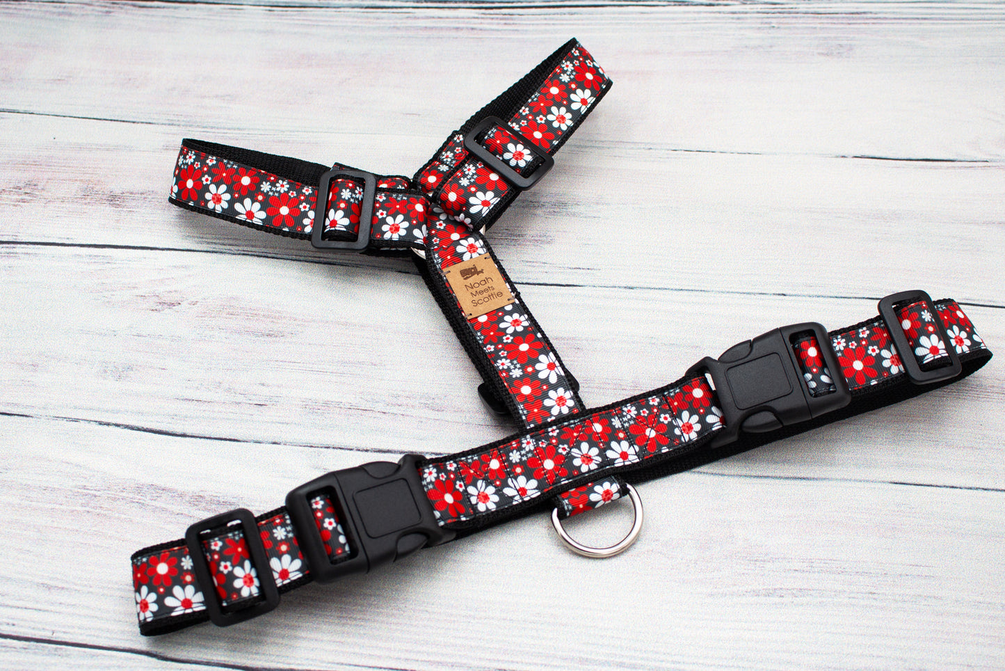 Hundegeschirr florales Design Rot Weiß Schwarz, leicht und verstellbar