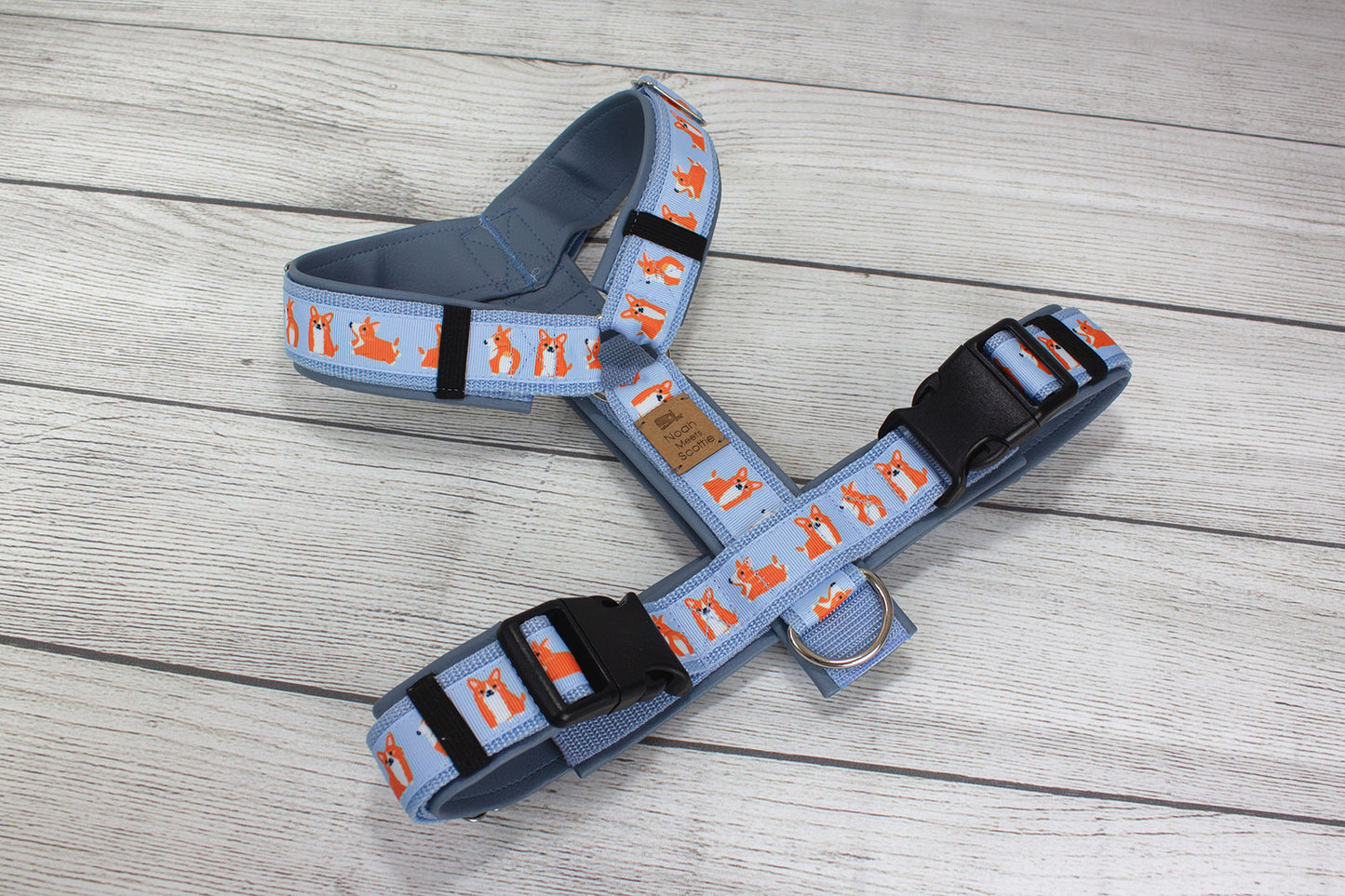Einzigartiges Hundegeschirr CORGI – hellblau mit niedlichem Corgi-Design, SALE nur 1x Größe M, weich gefüttert, robust