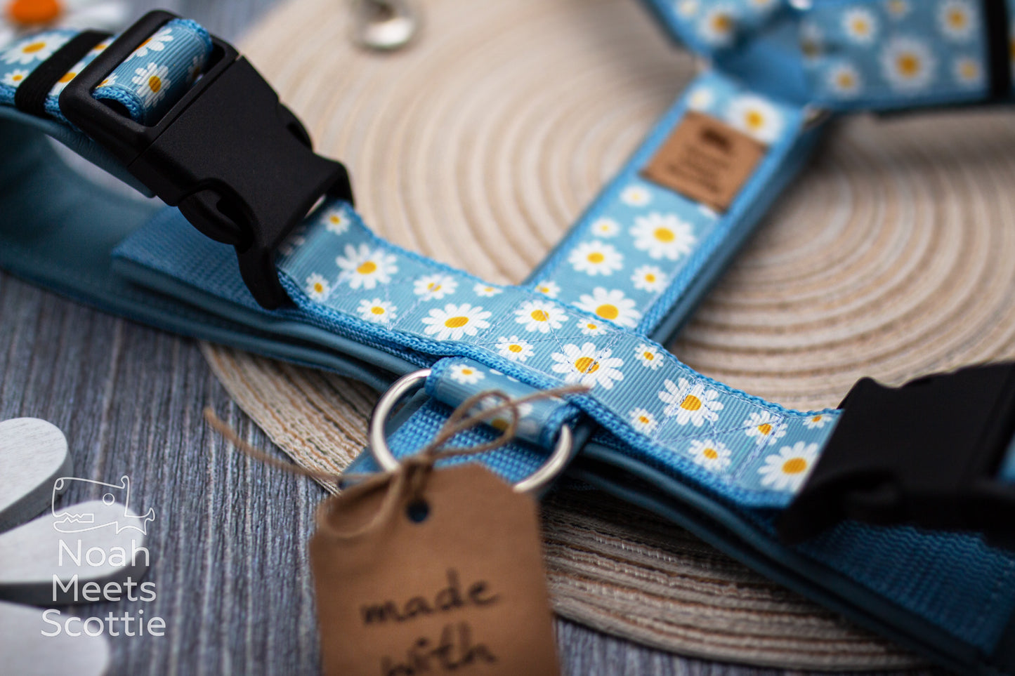 Hundegeschirr mit Blumenmuster, Margeriten und passender Hundeleine im DAISYDOO Design