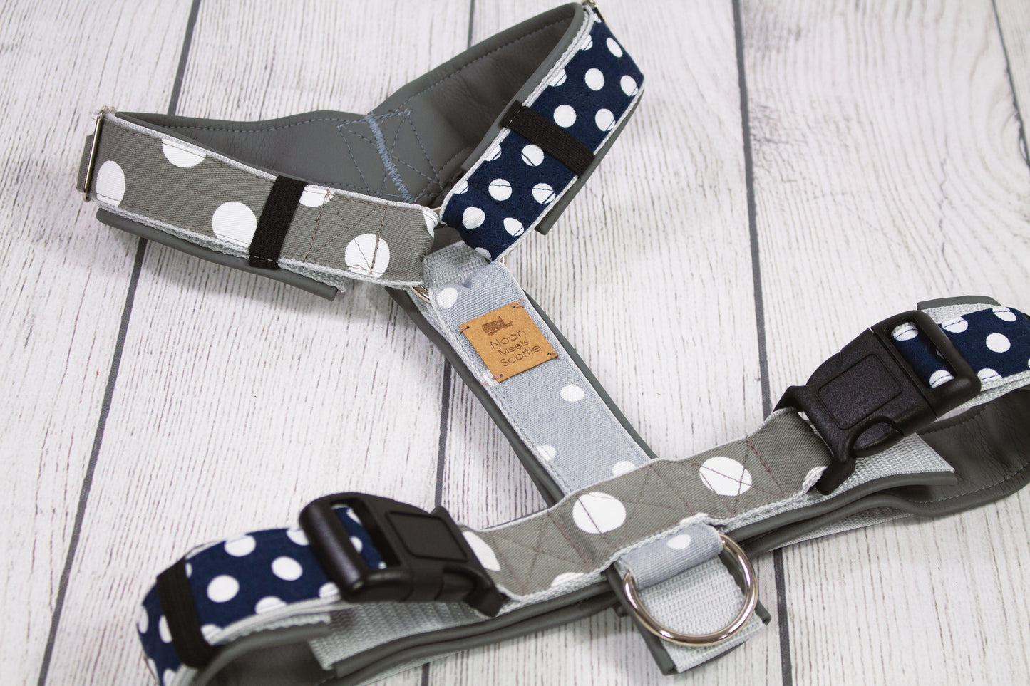 Hundegeschirr GREY SHADES Punkte-Muster grau dunkelblau, weich gepolstert