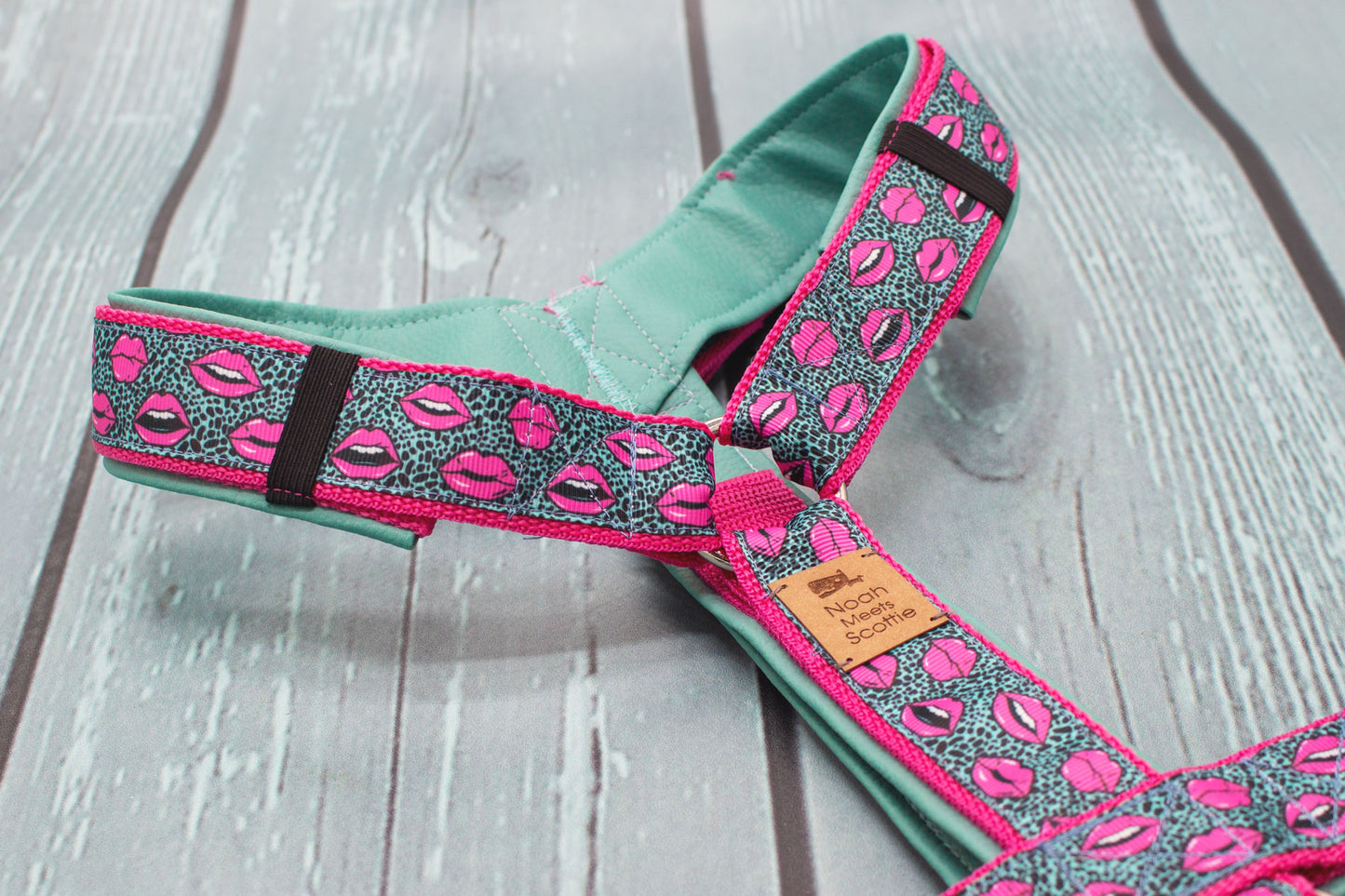 Hundegeschirr KISS ME Türkis Pink, stylisches Kussmund-Muster, gepolstert und hochwertig