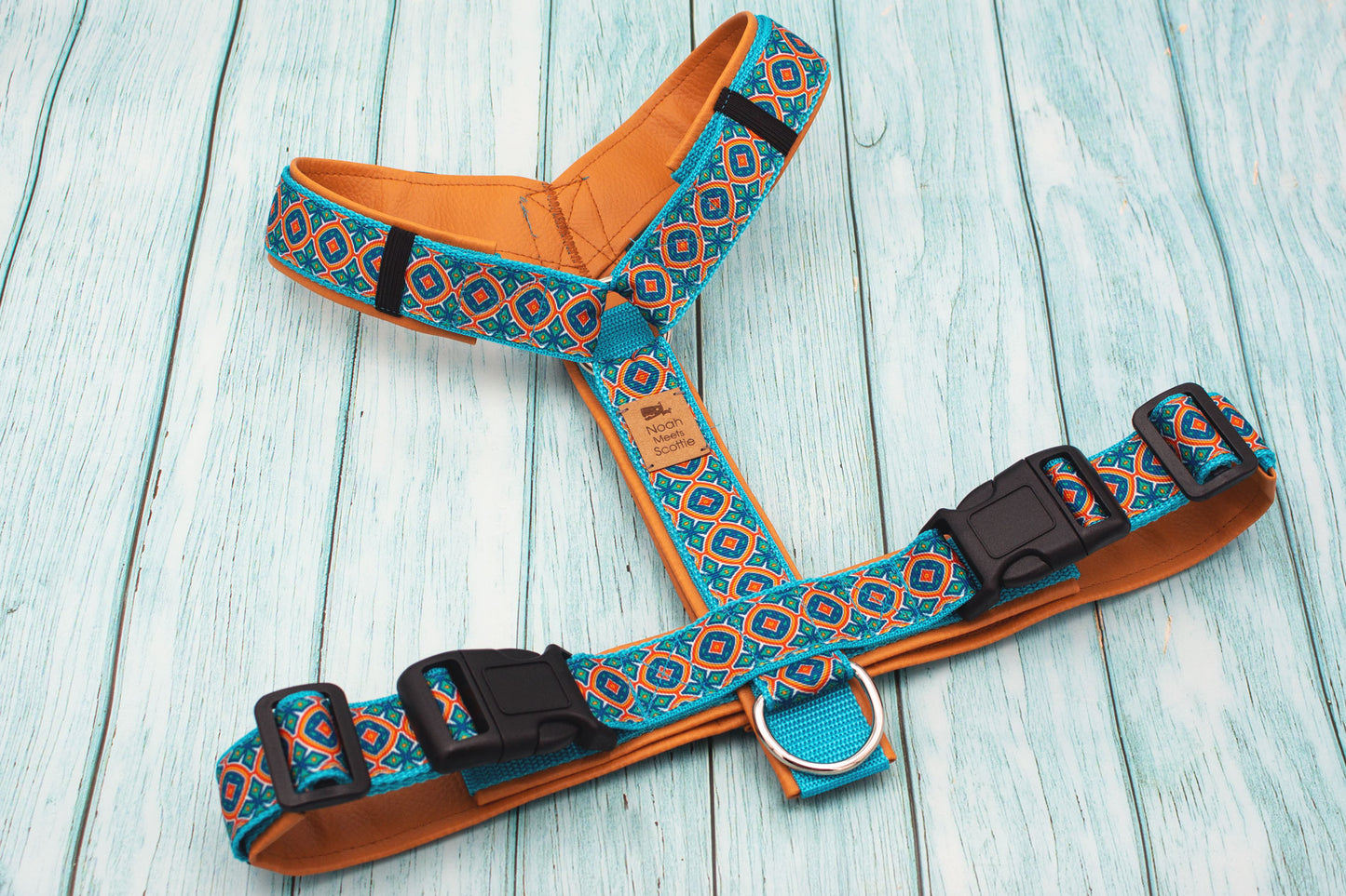 Farbenfrohes Hundegeschirr PINA, Paisley Design Türkis Orange, verstellbar