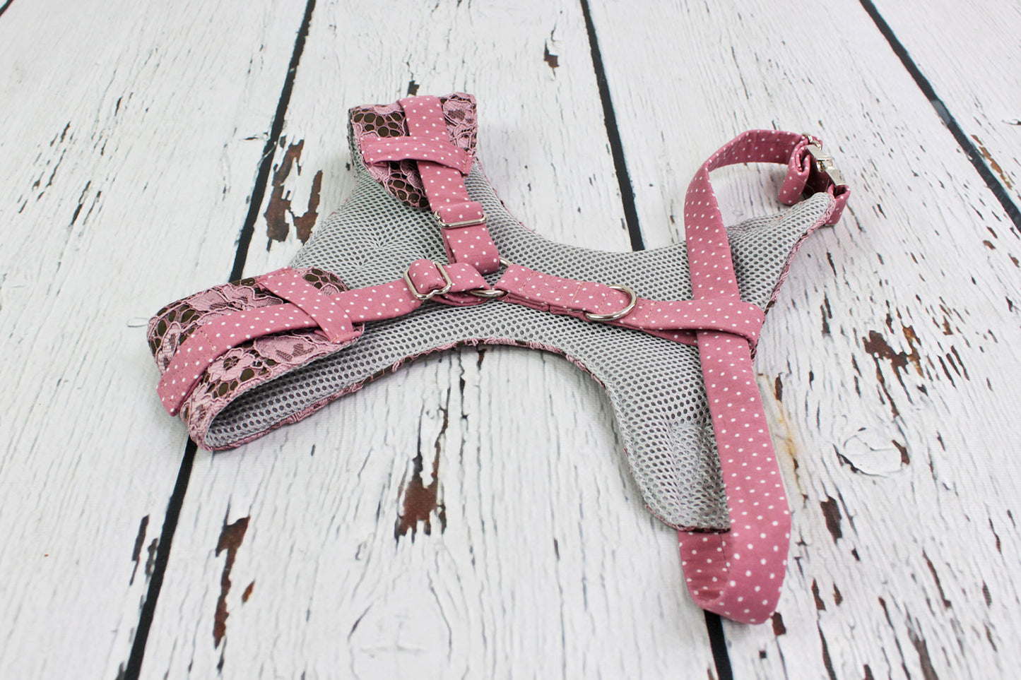 Detailansicht Hundegeschirr Rosé Lace mit Spitzenmuster und gepunkteten Riemen