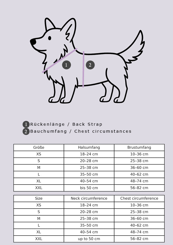 Maßtabelle für Softgeschirr für Hunde, weich gefüttert und verstellbar