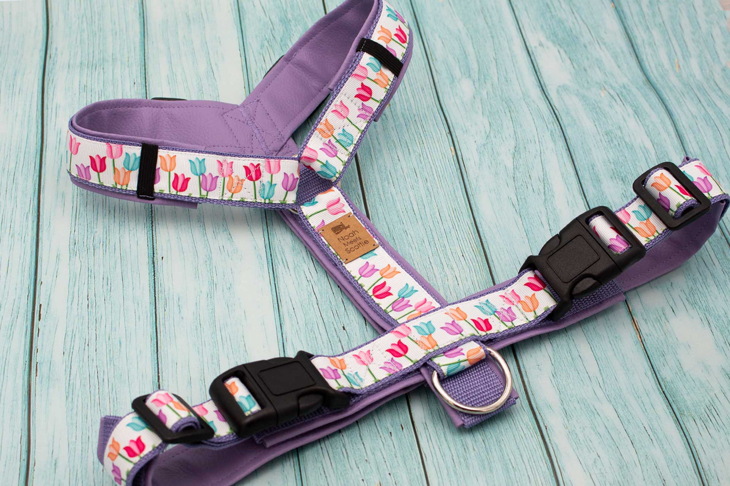 SALE Hundegeschirr TULIP – frühlingshaftes Design mit Tulpen bunt, nur 1x in Größe M, 50 % reduziert, weich gefüttert, robust