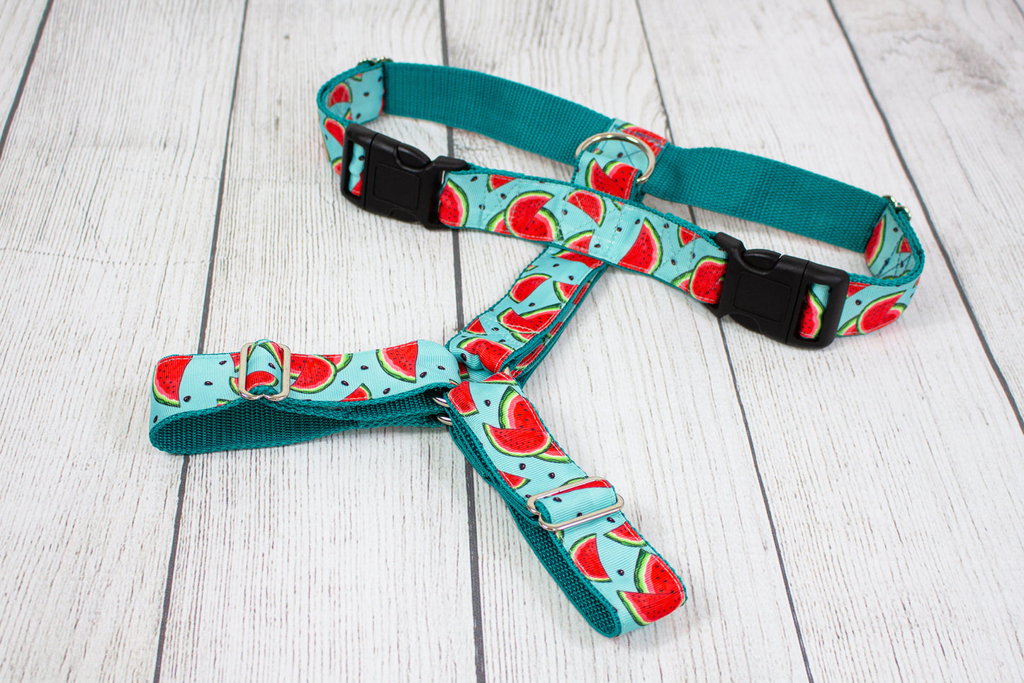 Hundegeschirr fruchtiges Design Wassermelone, Türkis Rot, verstellbar und robust