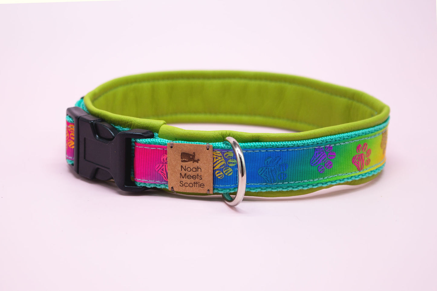 Detailansicht Hundehalsband COOPER – Regenbogenmuster mit Pfoten und türkisem Gurtband
