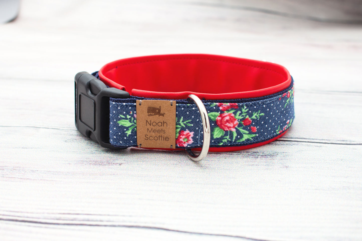 Hundehalsband EMMA, modernes Design mit Denim, Blumen und Polka Dots