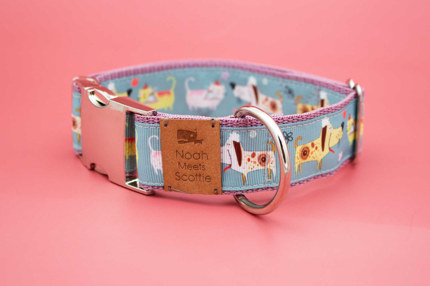 Hundehalsband PAWETRY – Hunde Motiv in Hellblau, Mint und Rosa, modern, liebevoll, robust, verstellbar