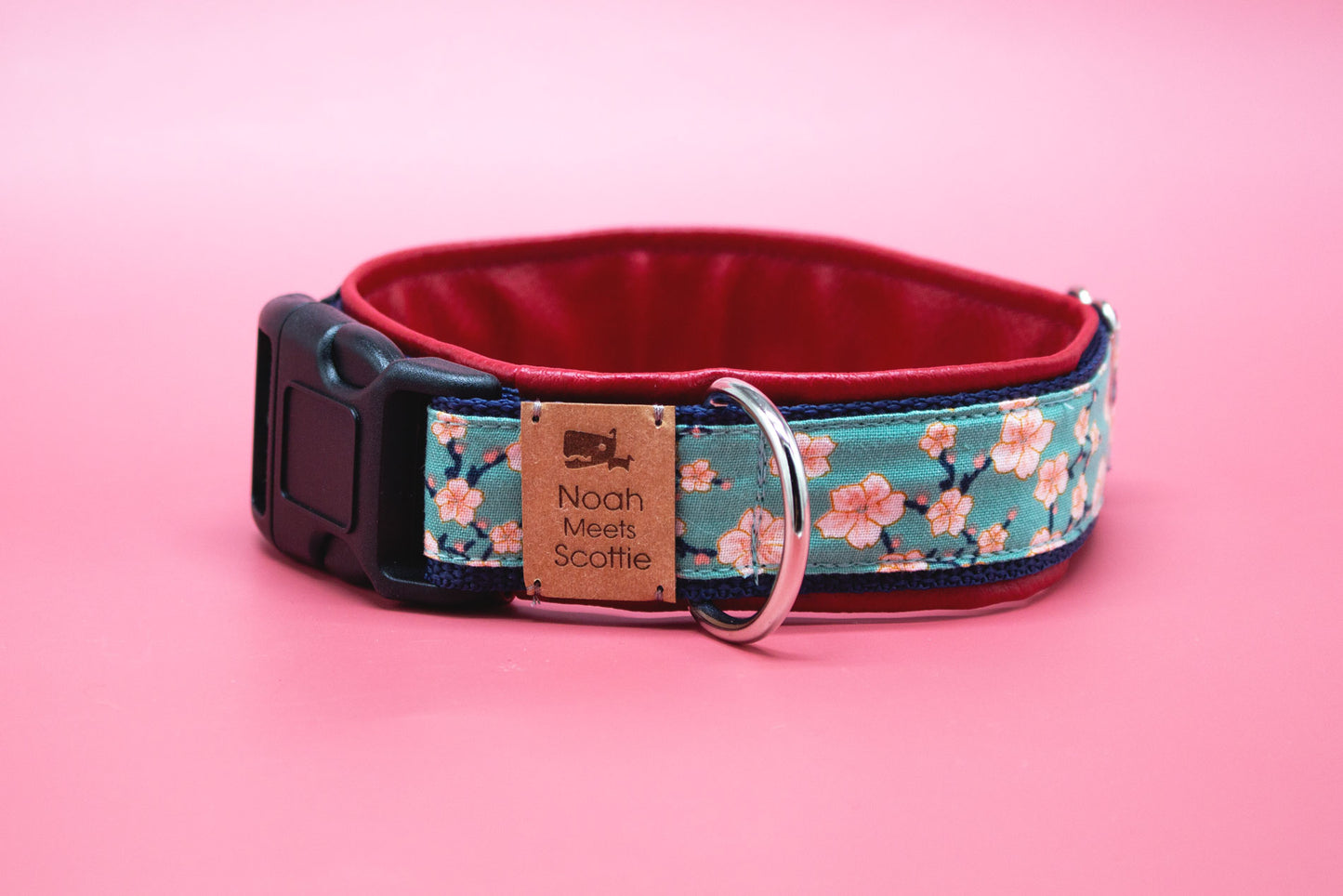 Hundehalsband RAY mit Kirschblüten im asiatischen Design, dunkelblau, türkis und rot