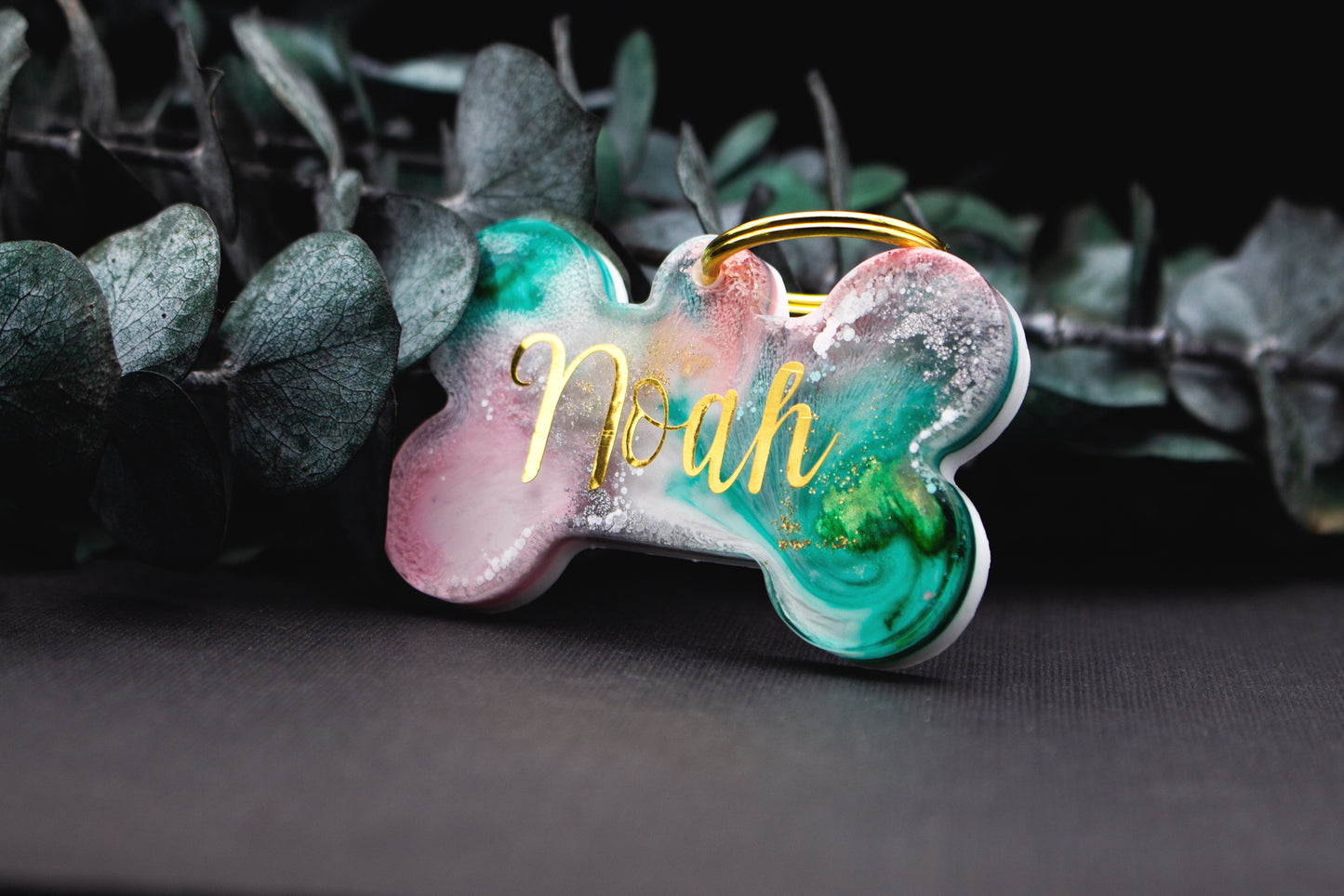 Einzigartige Hundemarke PERLENGRUND aus Resin, Name und Telefonnummer möglich, für Hunde aller Größen