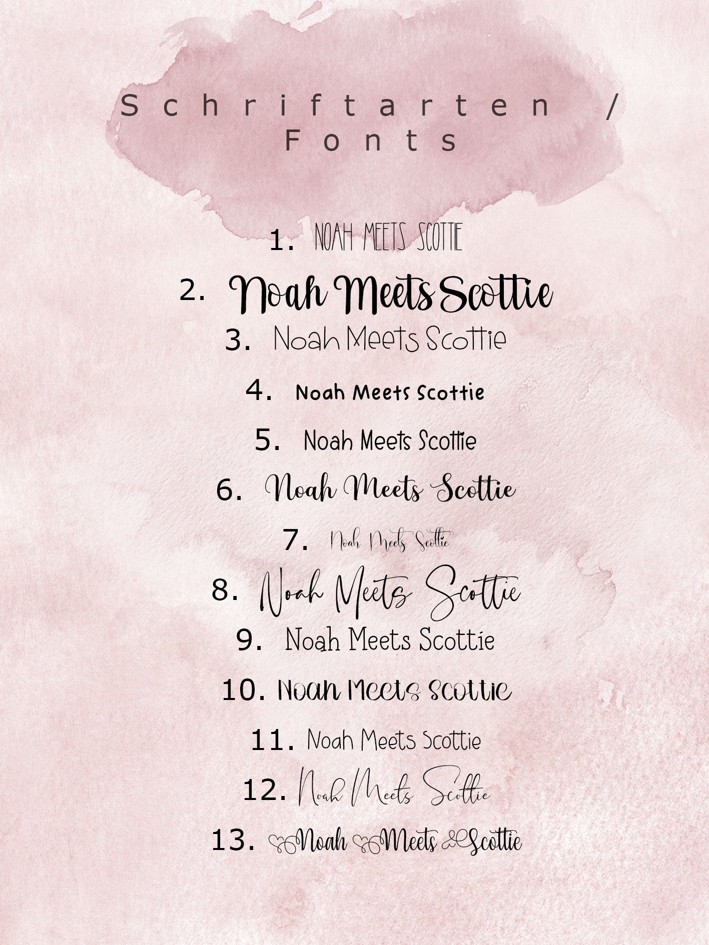 13 Schriftarten und 3 Schriftfarben für personalisierte Hundemarke, Beispieltext Noah meets Scottie