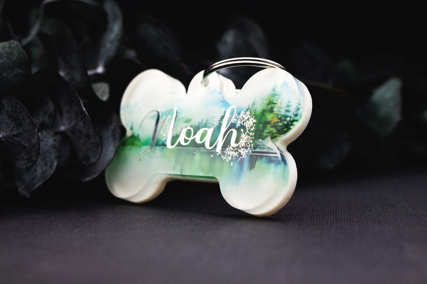 Runde Resin-Hundemarke SEENRAUSCH mit See und Bäumen, naturverbunden, wetterfest und pflegeleicht