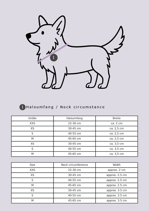 Maßtabelle für gefütterte Hundehalsbänder