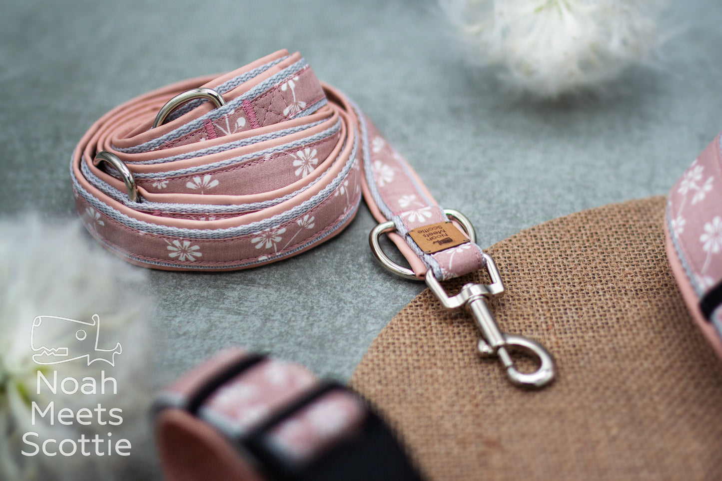 Hundegeschirr Nelle mit zartem Gänseblümchenmuster und passender Hundeleine im gleichen Design.