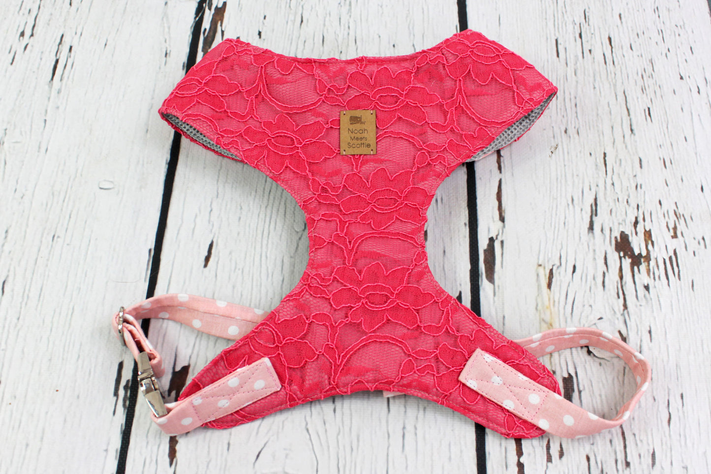 Vorderansicht Softgeschirr für Hunde Coral Lace mit rosa Punkten und Spitzenmuster