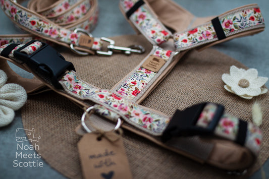 Florales Hundegeschirr Mathilda in Beige mit Blumenmuster und passender Hundeleine auf ruhigem Hintergrund