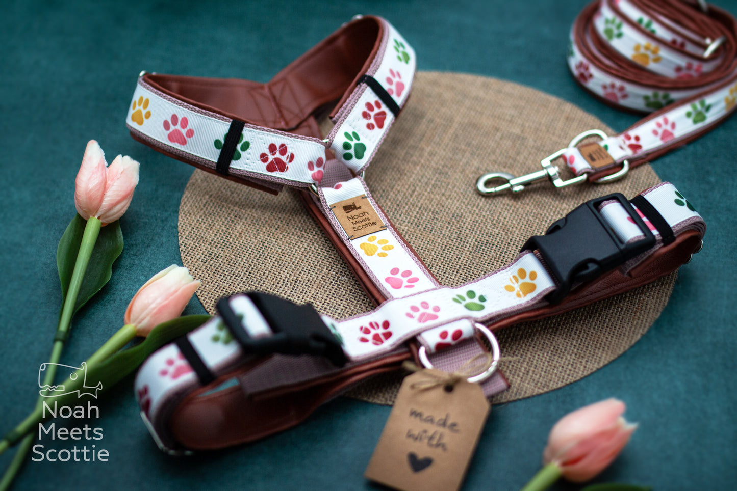 Hundegeschirr mit passender Hundeleine im bunten Pfoten Design auf hellem Grund