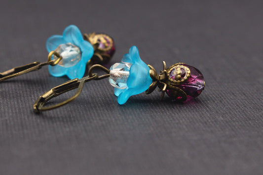 Blütenohrringe Pink Türkis mit Glasperlen – romantischer Boho Schmuck Vintage