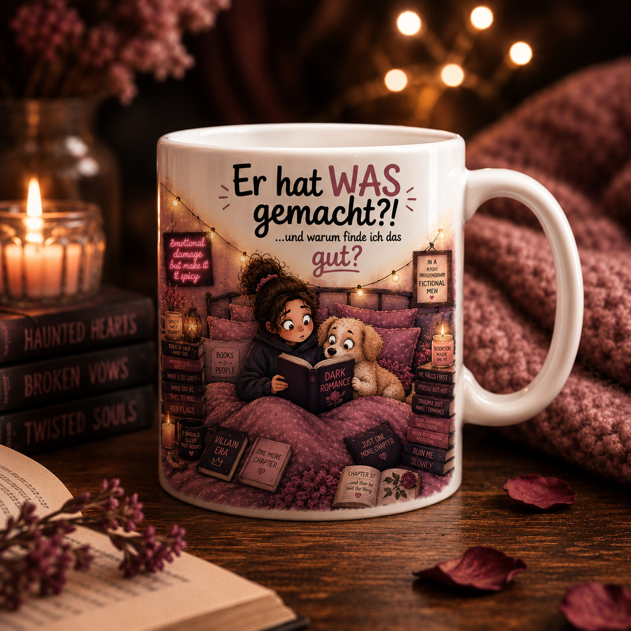 Dark Romance Mug mit Büchern und Hund als Geschenk für Leseratten, Buchliebhaber und Hundemenschen