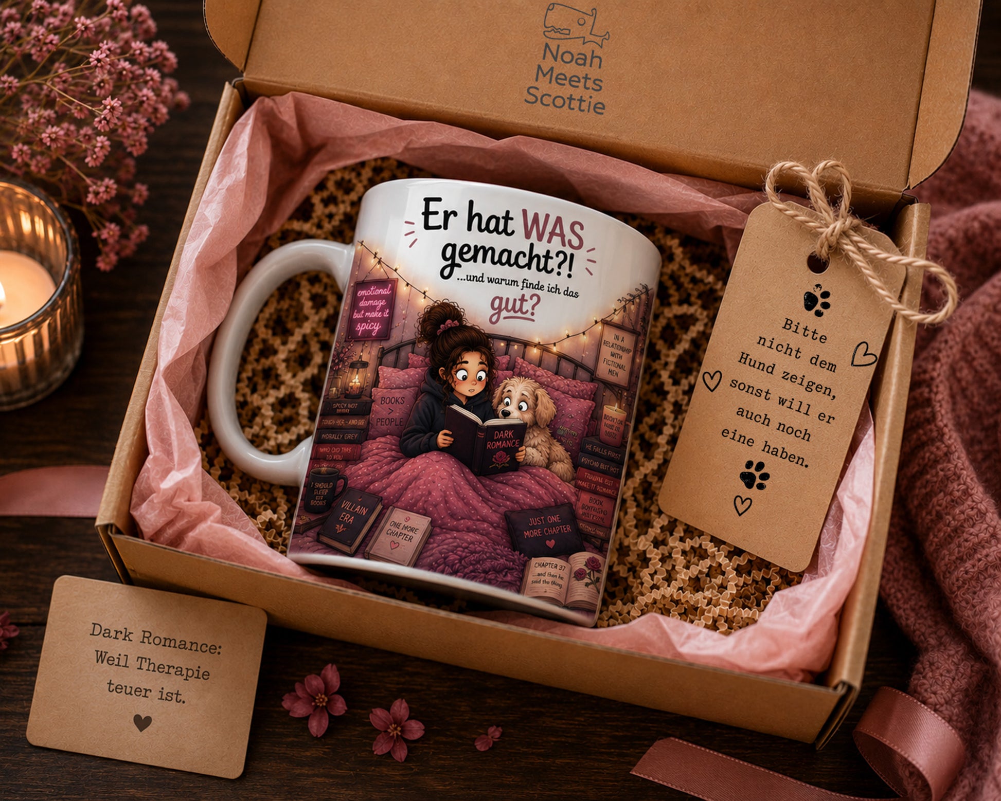 Dark Romance Tasse in liebevoller Geschenkbox mit Büchern, Hund und gemütlicher Leseatmosphäre für BookTok Fans