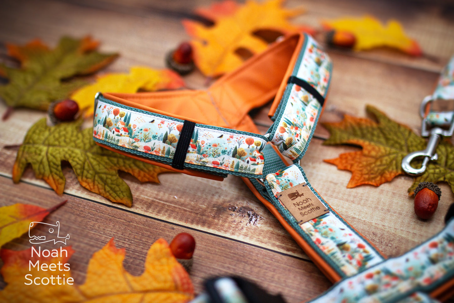 Hundegeschirr mit Herbstmotiv, dunkel salbeigrünem Gurtband und orangefarbener Kunstlederpolsterung.