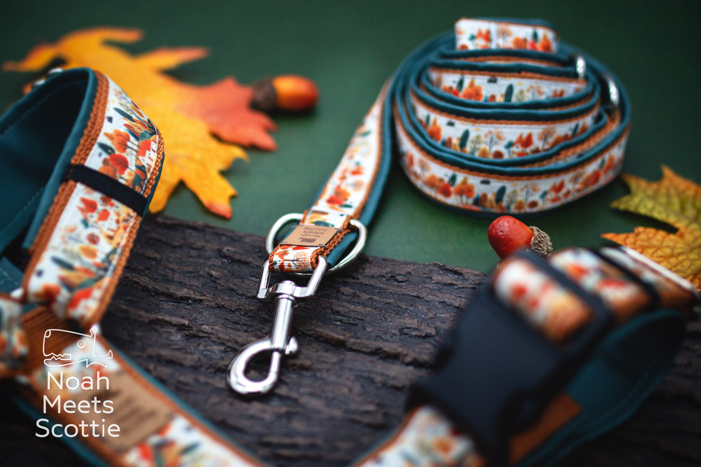 Hundegeschirr und passende Hundeleine ONE DAY IN AUTUMN mit illustrierter Herbstlandschaft