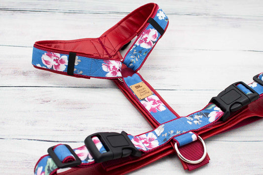 Hundegeschirr AKUELA mit Hibiskusblüten im Hawaii-Stil, kräftiges Blau mit rotem Innenfutter, weich gepolstert und verstellbar
