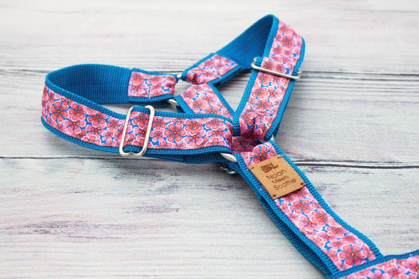 Hundegeschirr Aloha Paw, Blumenmuster in Türkis Pink Blau, leicht und robust