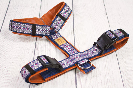 Hundegeschirr ARIK Norweger-Muster in Blau und Orange, gepolstert, komfortabel und robust