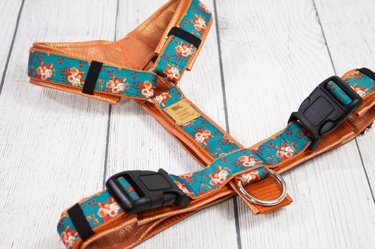 Hundegeschirr AUTUMN LEAVES bronze petrol mit Blumenmuster, gepolstert und verstellbar, herbstliches Design