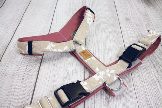 Hundegeschirr BLUMA rosa beige mit Blumenmuster, gepolstert und verstellbar