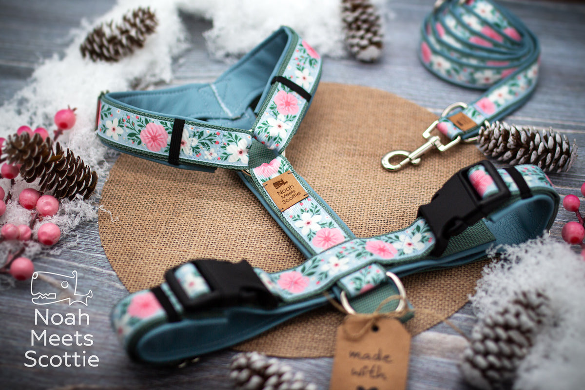 Hundegeschirr FROSTY WHISPERS mit rosa und weißen Blumen auf eisblauem Grund