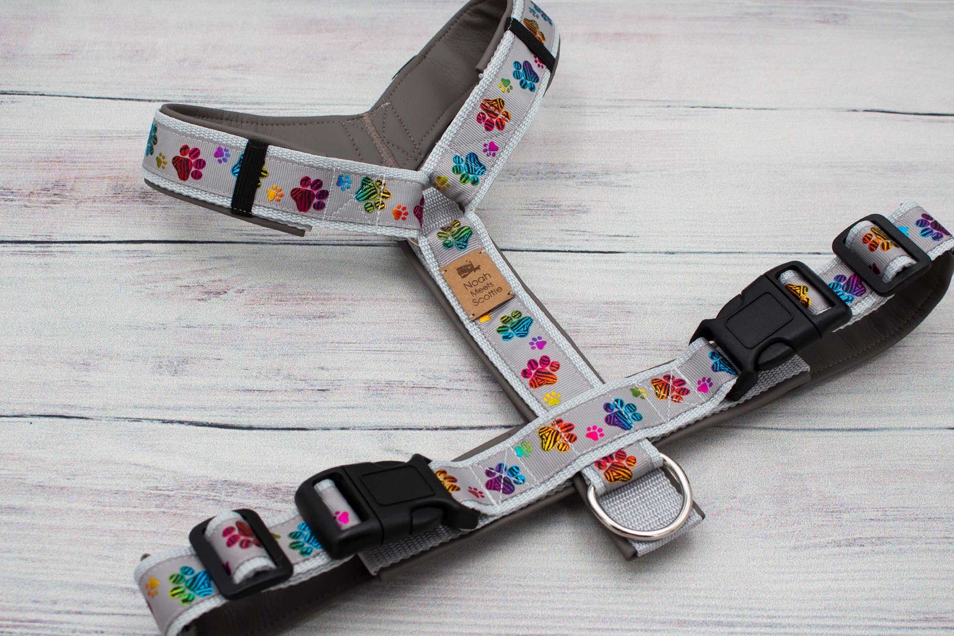Hundegeschirr CHARLIE farbenfrohes Design, grau gepolstert, bequem und langlebig