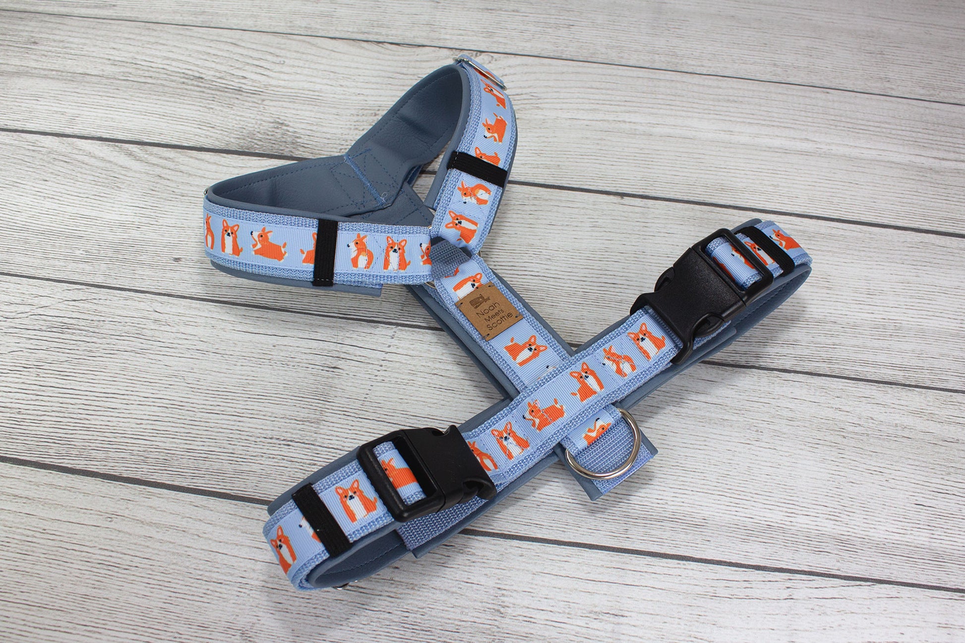 Einzigartiges Hundegeschirr CORGI – hellblau mit niedlichem Corgi-Design, SALE nur 1x Größe M, weich gefüttert, robust