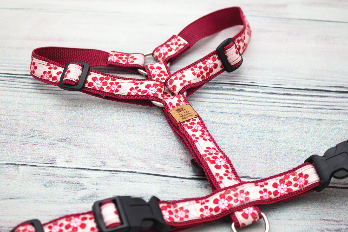 Hundegeschirr CRIMSON DARLING mit roten Blüten auf cremefarbenem Band, warmes florales Design