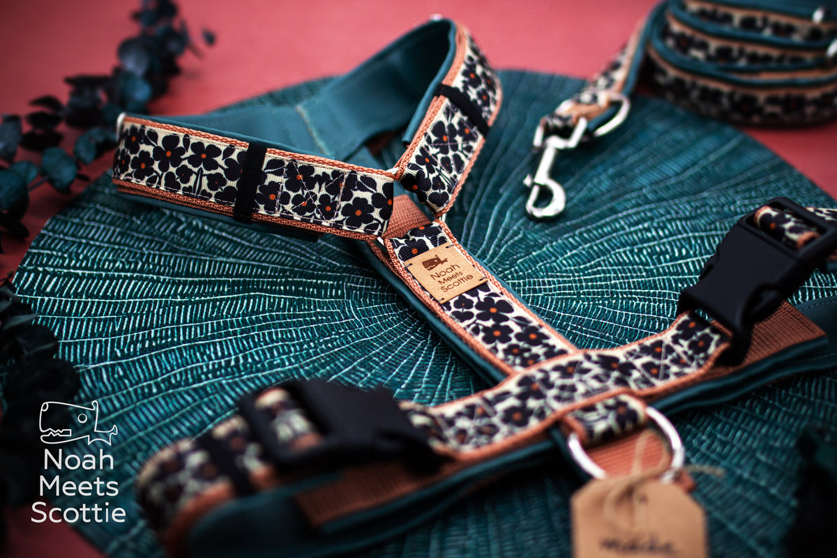Verstellbares Y-Hundegeschirr DAFFODILLY mit schwarzen Retroblumen, schwarzen Steckverschlüssen und silberfarbenen Metallringen.