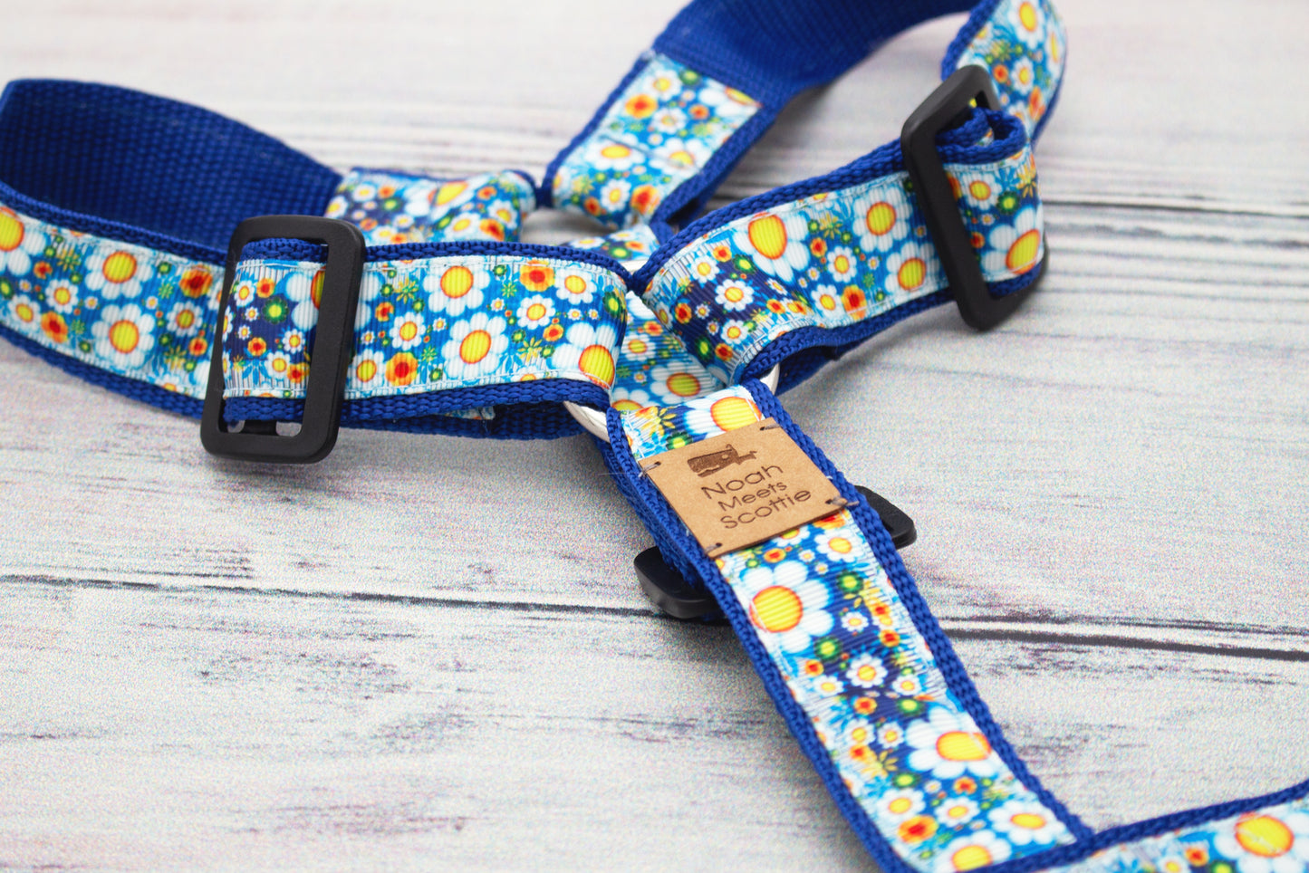 Fröhliches Hundegeschirr DAISY BAY in Blau mit Gänseblümchen, bequem und langlebig