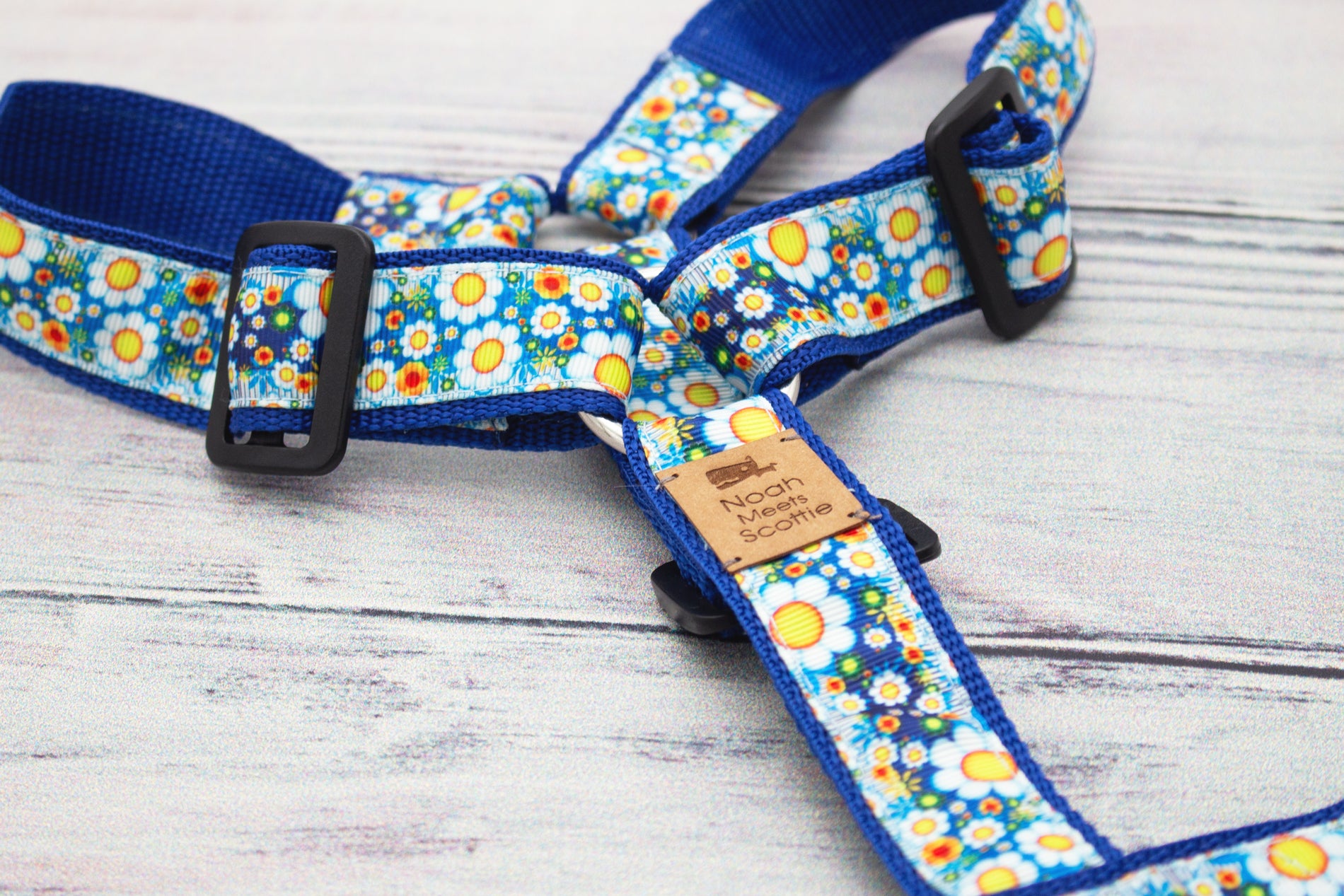 Fröhliches Hundegeschirr DAISY BAY in Blau mit Gänseblümchen, bequem und langlebig