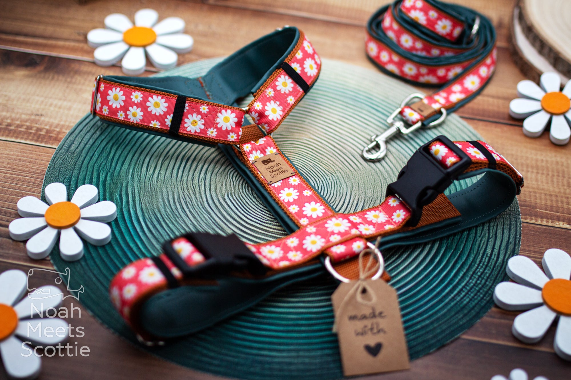 Hundegeschirr mit Gänseblümchen Muster und korallroter Farbgestaltung für Frühling und Sommer