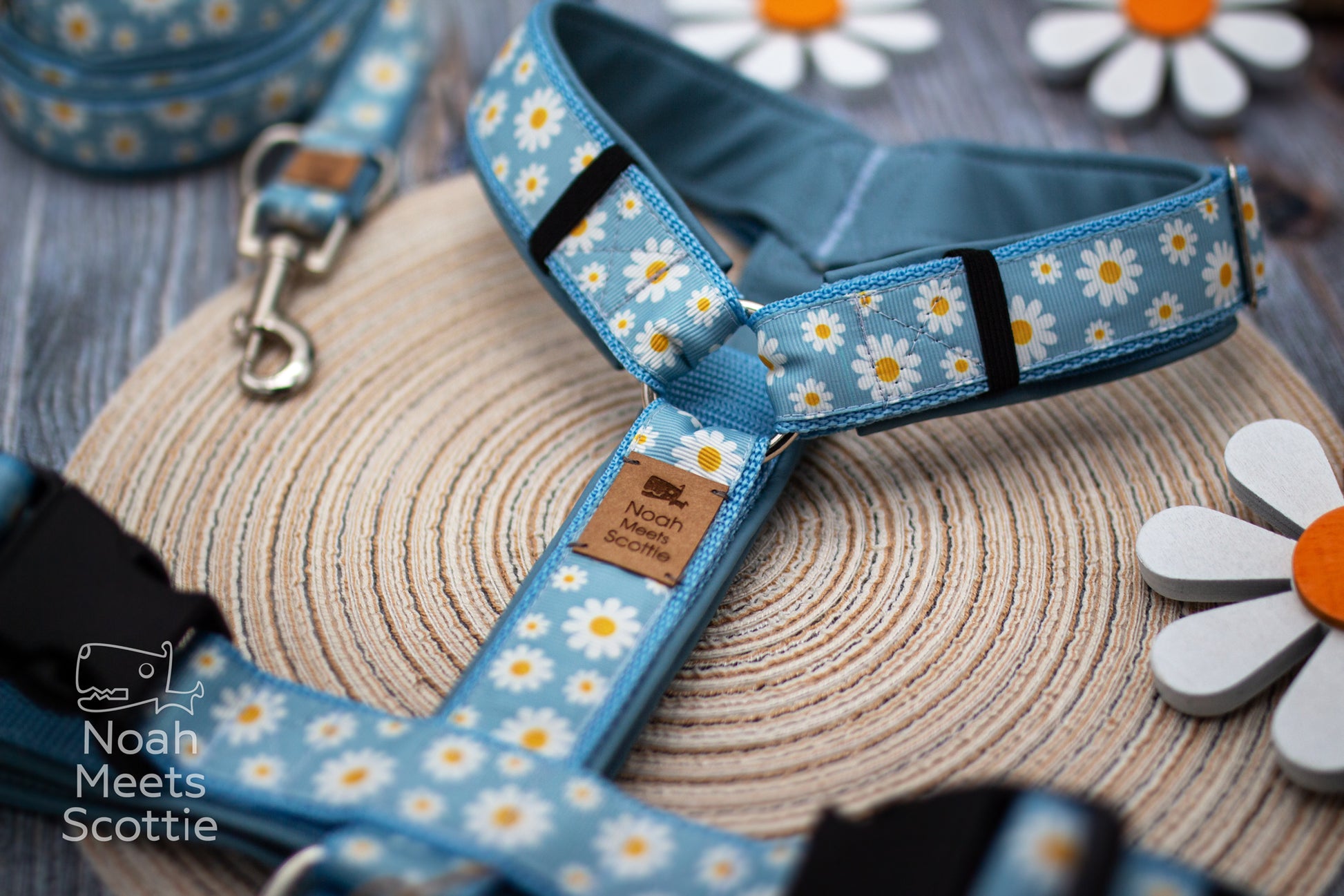 Florales Hundegeschirr mit Gänseblümchen und Margeriten Muster in Hellblau und Weiß