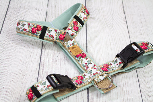 Hundegeschirr DARLING ROSE Rosen-Muster mint creme rosa, gepolstertes Kunstleder, robust