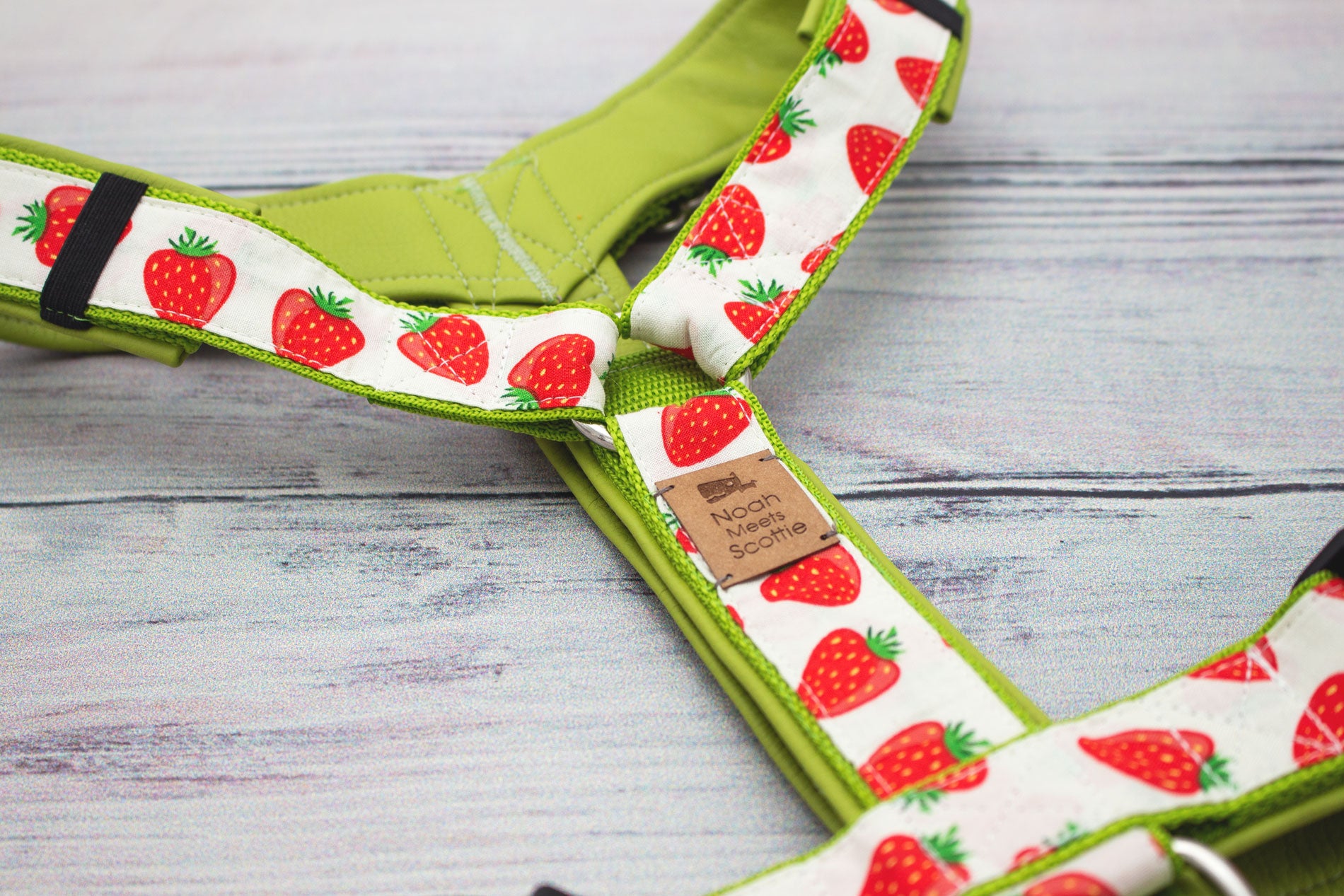 Verstellbares Hundegeschirr EDDA, cremeweiß grün mit Erdbeeren, Halsband und Leine im Set