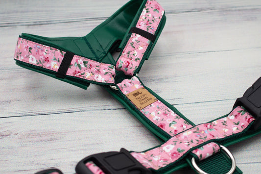 Hundegeschirr ELLA gepolstert verstellbar, Rosenmuster Pink Grün, robust und komfortabel