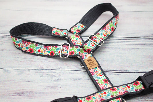 Hundegeschirr FLORALETTE mit farbenfrohem Blumenmuster in Rot, Gelb, Grün und Creme auf grauem Gurtband, modernes florales Design