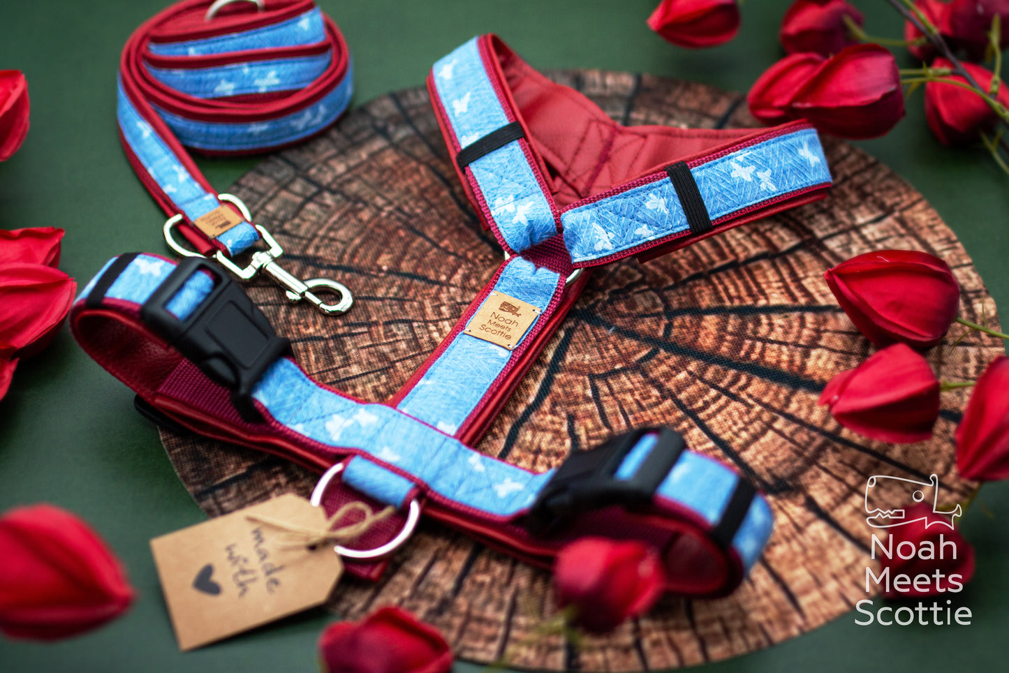 Hundegeschirr Flutterby mit passender Hundeleine im gleichen Design.