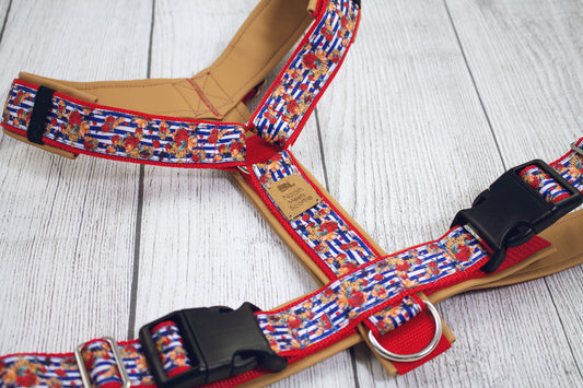 Hundegeschirr FRENCH BLISS rot blau beige mit Blumenmuster, französisch inspiriert, gepolstert und verstellbar