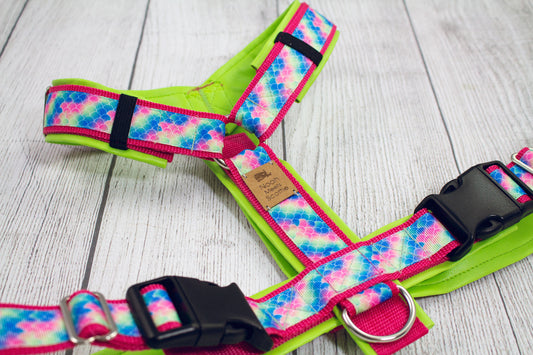 Hundegeschirr GREEN MAID Meerjungfrau-Schuppen pink blau neongrün, weich gepolstert, robust